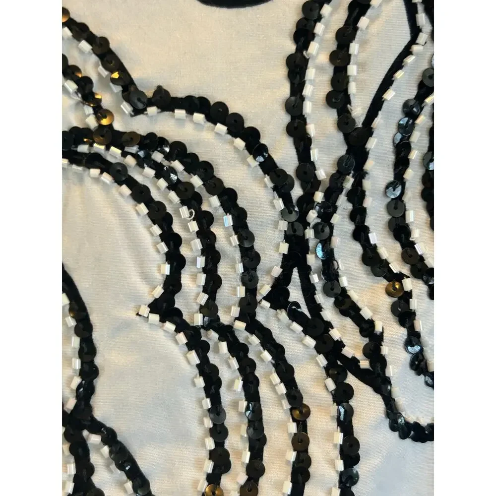 Haven bleu black & white floral beaded sequin skirt Large artsy unique bold